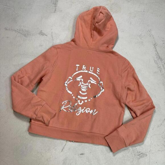 True Religion Pink Zip Hoodie M Metallic Logo Cropped Peach Pink  Y2K Streetwear - Picture 2 of 8